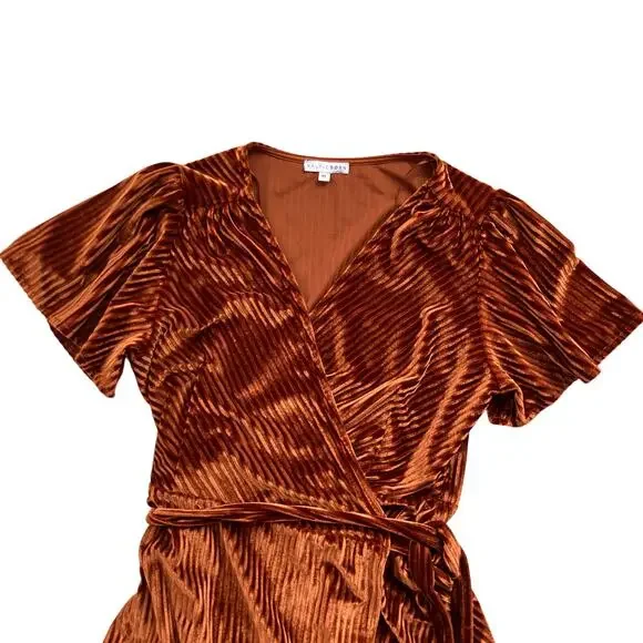 Baltic Born Andi Ribbed Velvet Wrap Dress in Copper Size XL Maxi Tulip Hem - Picture 2 of 7